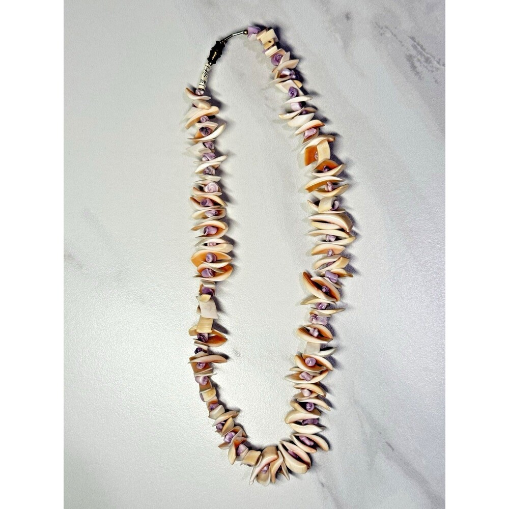 Vintage Curved Seashell Necklace Orange Brown Spiral Shell Beads Coastal Boho